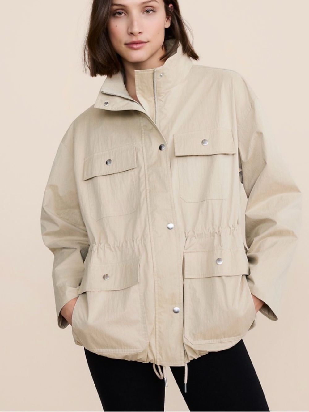 Lou & Grey XL Khaki Utility Jacket Cargo Pockets Cinch Waist Oversized